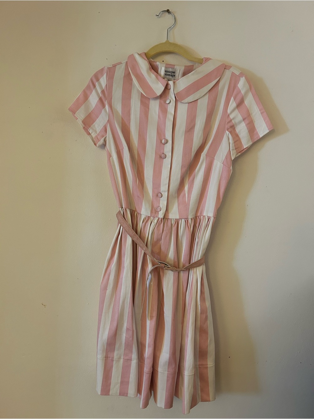 Unique Vintage Pink and White Striped Collared Casual Dress with Tie Waist